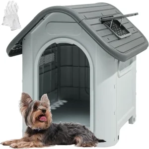 Plastic Foldable Dog House for Small Dogs, Waterproof Folding Pet House with Adjustable Top Window and Elevated Base
