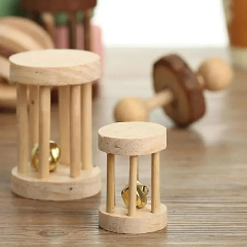 Cute Rabbit Roller Toys Natural Wooden Pine Dumbells Unicycle Bell Chew Toys for Guinea Pigs Rat Small Pet Molars Supplies - Image 4
