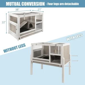 Elevated Rabbit Hutch Indoor 36.6" H Wooden Outdoor Bunny Hutch with Wire Netting Above The Pull Out Tray, Detachable Legs Hutch