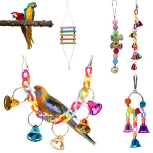 Birds Toys Funny Cockatiel Parakeet Conure Birds Bites Chew Bell Toy Acrylic Suspension Bridge Climbing Rope For Cages Swing Toy