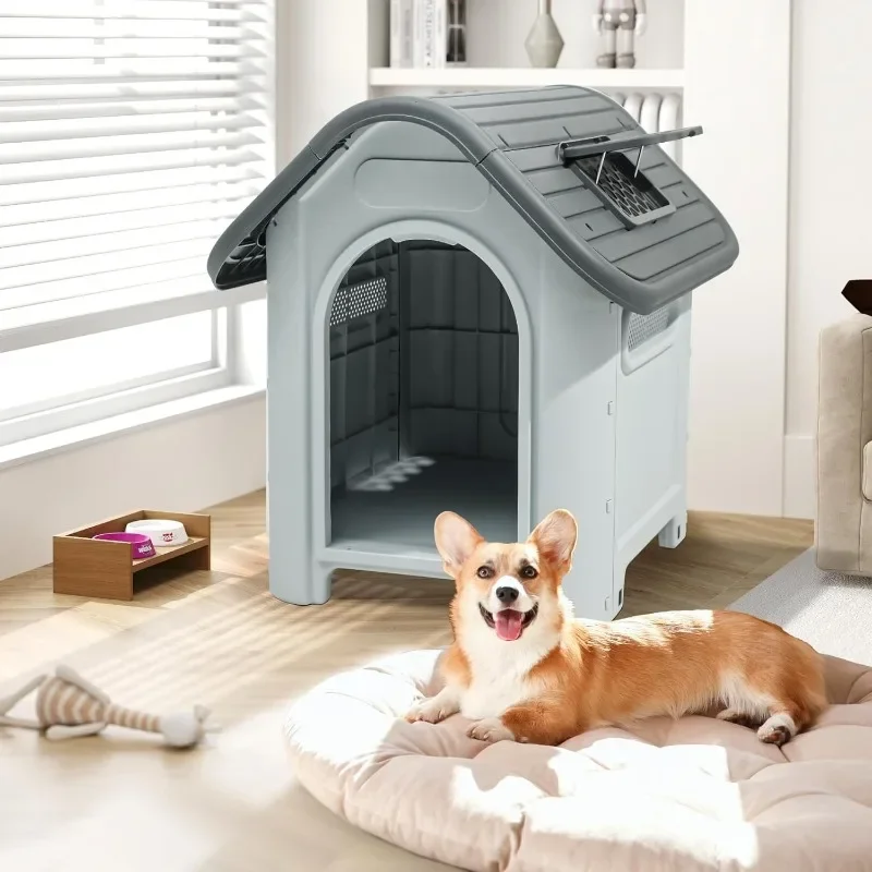 Plastic Foldable Dog House for Small Dogs, Waterproof Folding Pet House with Adjustable Top Window and Elevated Base - Image 2
