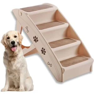 Folding Dog Stair for High Beds, 4 Steps Plastic Dog & Cat Steps with Non-Slip Felt Pad, Safe Side Rail, Indoor Outdoor Pet Stai