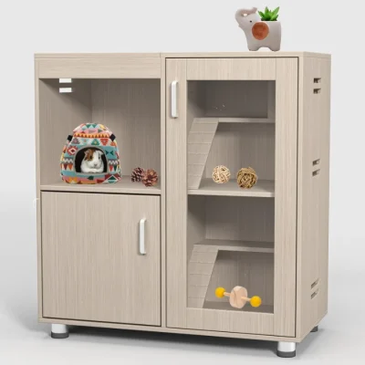 4-Tier Wood Hamster Cage with Storage Cabinet for Guinea Pig Rat Chinchilla Openable Top Acrylic Windows Large Habitat