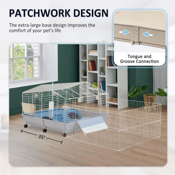 Rolling Rabbit Cages 67″ L Rolling Rabbit Cage with Foldable Playpen, Small Animal Cage ...