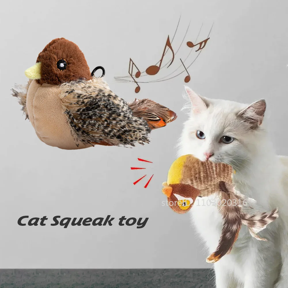 Interactive Cat Toys Plush Bird Squeak Cat Toy Sparrow Catnip Toys Vivid Chirping Simulation Bird Interactive Cat Toy