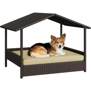 Wicker Dog House Outdoor Indoor with Canopy, Elevated Dog Shelter Dog Bed with Cushion for Small/Medium Dogs, Shade for Deck